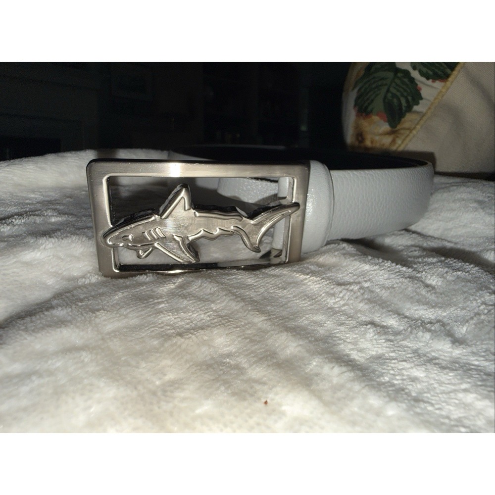 Greg Norman Golf Belt Mens SZ 36 Grey Genuine Leather Shark Belt Buckle